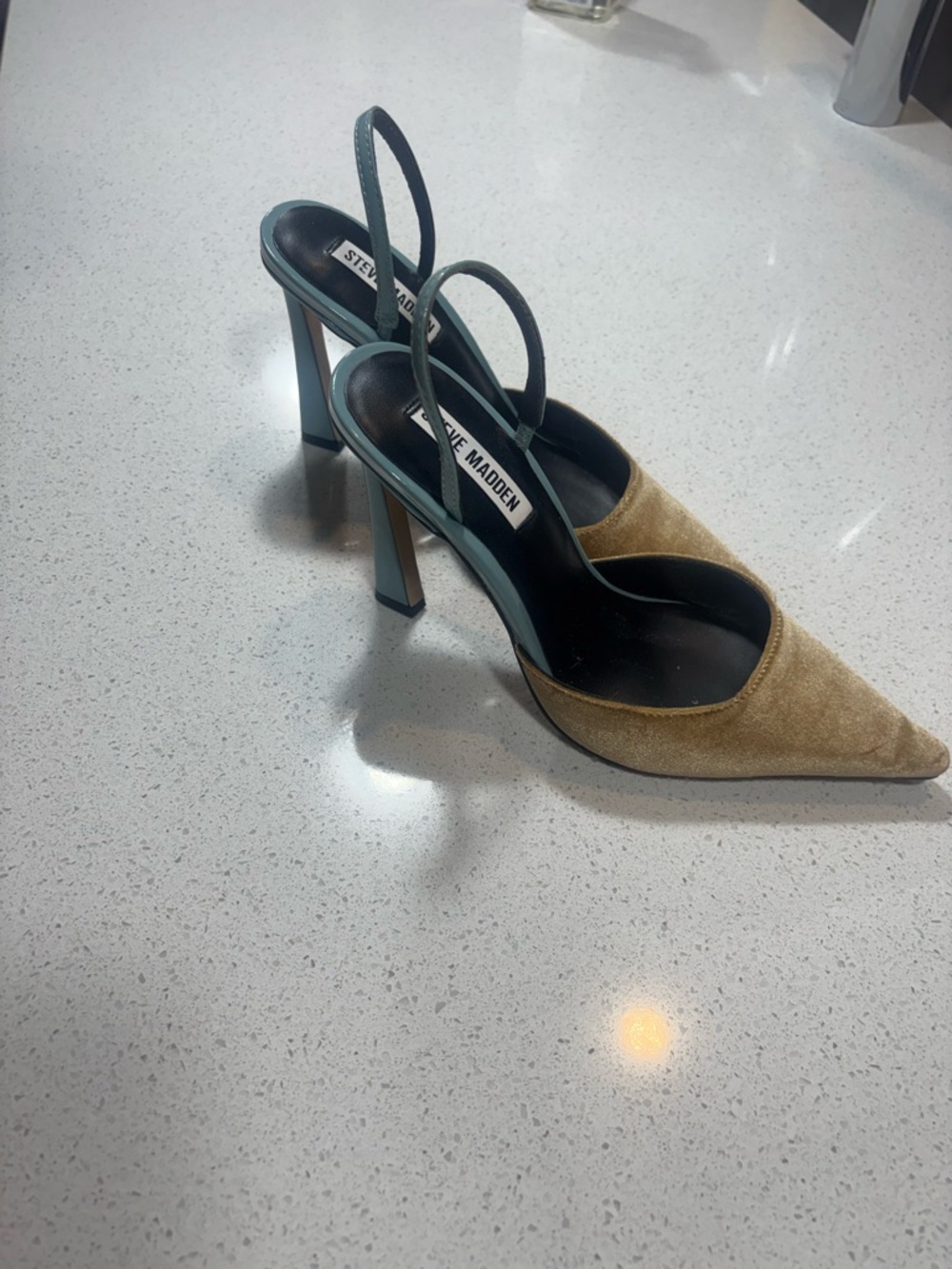 Steve Madden Golden Tan/Aqua Suede Pointed Toe Slingback Heels